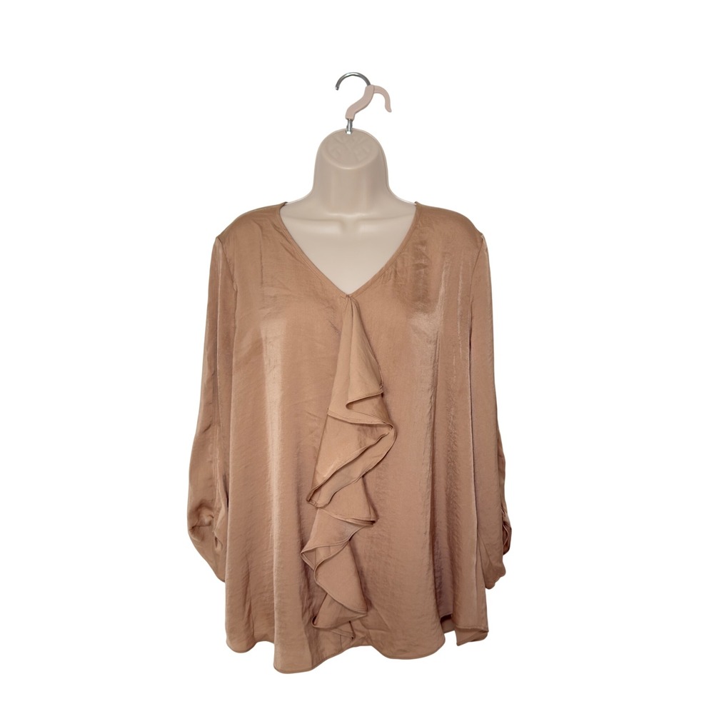 Chico's Travelers Antique Gold Ruffles Front V Neck Blouse Business Casual Satin